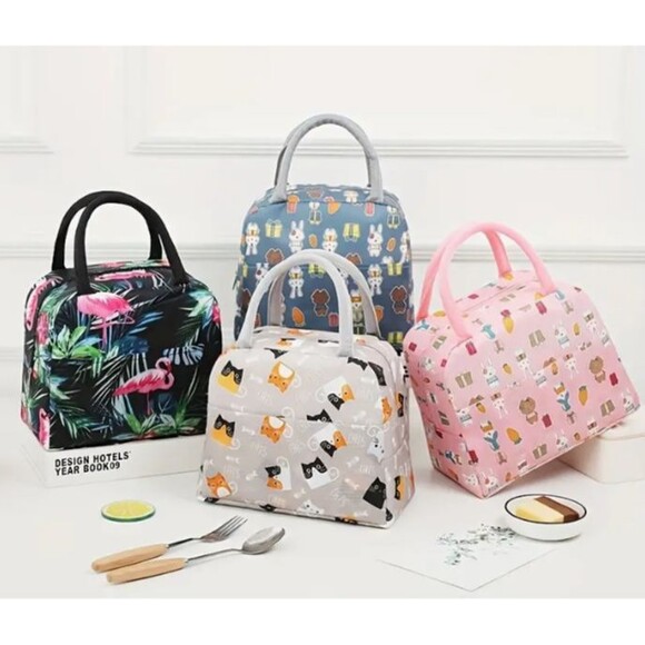 Insulated Pink Blue Bunny Lunch Bag Carrots Outside Pocket ADORABLE! - Picture 2 of 4